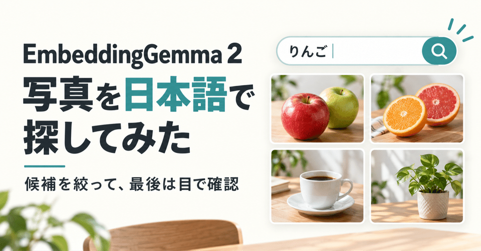 EmbeddingGemma 2で写真を日本語で探してみた。リンゴ、柑橘、カップ、植物の写真。